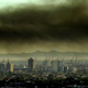 Toxic smoke blows over downtown Long Beach, CA, April 23, 2001 from a fire at the Tosco oil refinery in Carson, 15 miles south of Los Angeles.